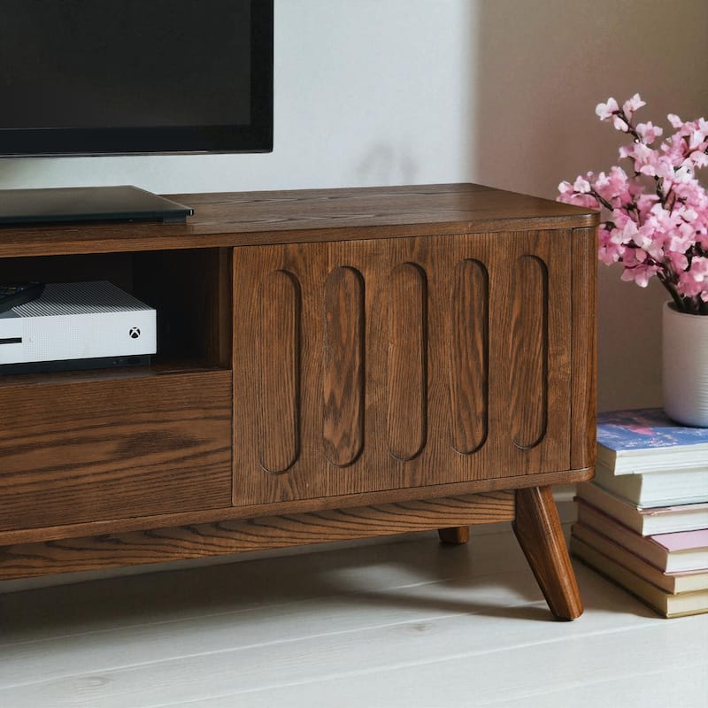 Mid-Century Modern Fluted TV Stand for 65 Inch TV, Farmhouse Wood Media Console with Drawer & Solid Wood Legs