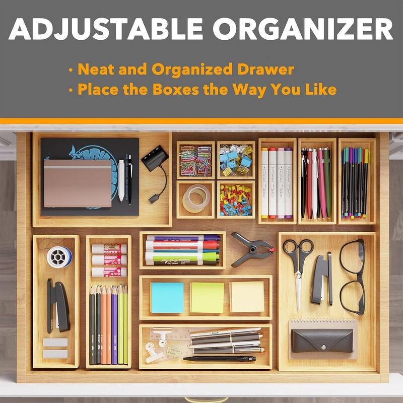 14-Piece Bamboo Drawer Organizer Storage Boxes Set, Wood Tray Junk Drawer Organizers Multi-Use Divider Bins