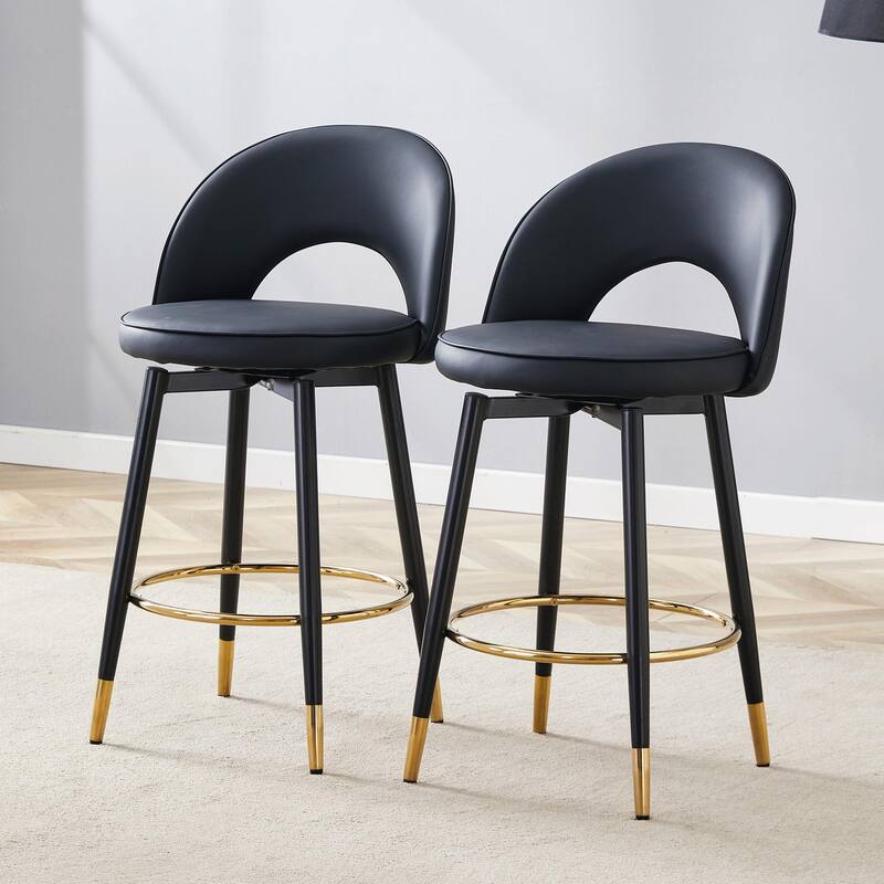 360 ° rotatable bar chair, Modern PU Upholstered Bar Chair with Metal Legs for Dining Room, Kitchen, Terrace, Set Of 2 - Black