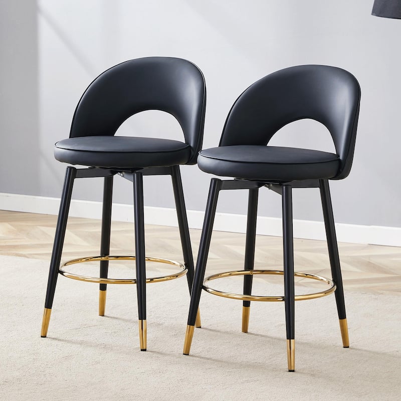 Modern Set of 2 Swivel Bar Stools with PU Cushioned Backrest Metal Legs, for Dining Room Living Room and Patio - Black
