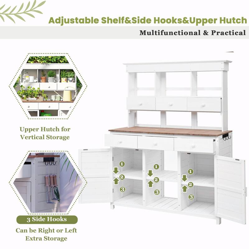 65.7'' Tall Garden Potting Bench - Patio Workstation with Hutch, 3 Shelves, 6 Drawers, 2 Cabinets & Side Hooks