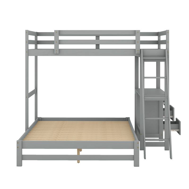 Twin over Full L-Shaped Bunk Bed Multi-Functional Pine Wood Bunk Bed Frame with All-in-One Desk and 3 Drawers