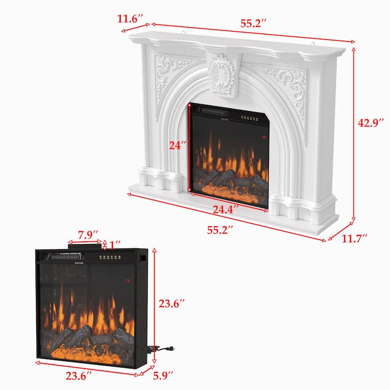 Freestanding Electric Fireplace with Mantel, 24" Electric Fireplace Insert, Adjustable Flame Colors, Remote Control & Thermostat