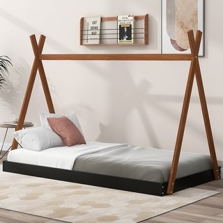 Twin Size Tent Floor Kids Bed Frame with Triangle Structure, Sturdy Solid Wood Frame, X-Shaped Safety Railings, Black+Brown