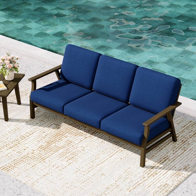Teak Frame Outdoor Loveseat Daybed with Water-Resistant Cushions. - Navy/Daybed - Brown Wood