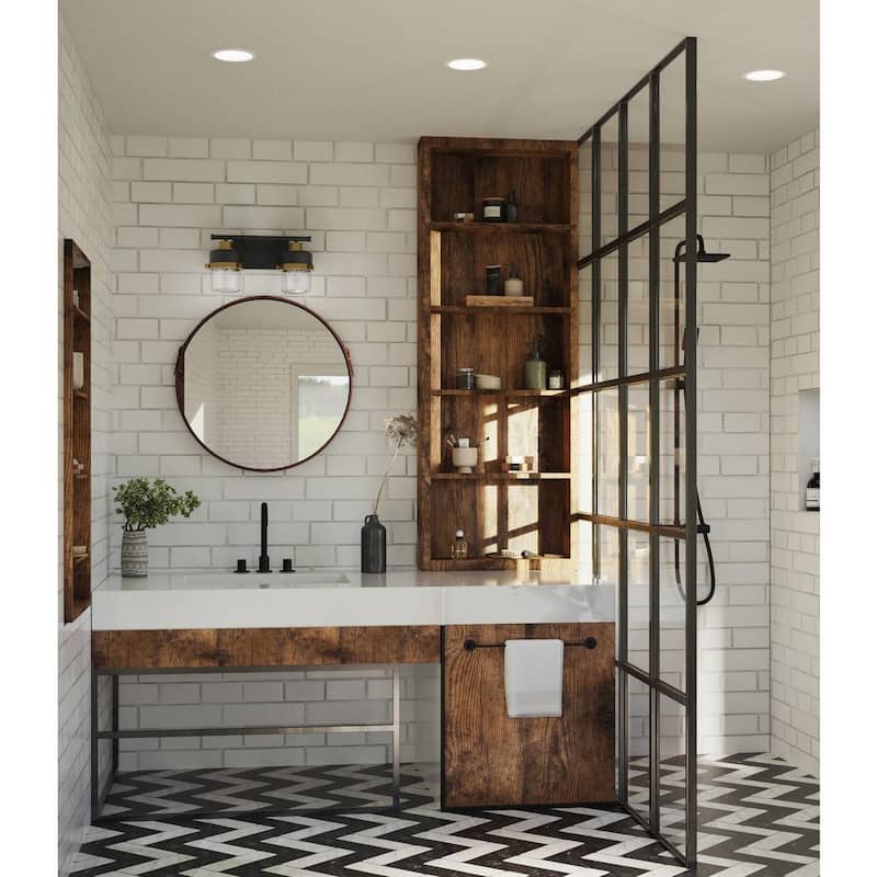 Beckner Collection Two-Light Matte Black Clear Glass Urban Industrial Bath Light with Vintage Brass Accents