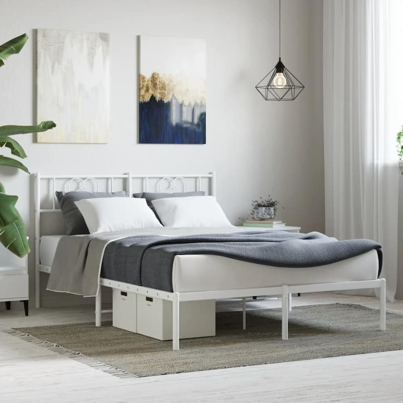 vidaXL Full Metal Bed Frame with Headboard, White, No Mattress - 77.2" x 55.9" x 35.4"