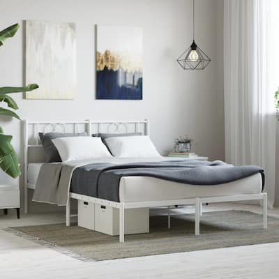 vidaXL Full Metal Bed Frame with Headboard, White, No Mattress - 77.2" x 55.9" x 35.4"