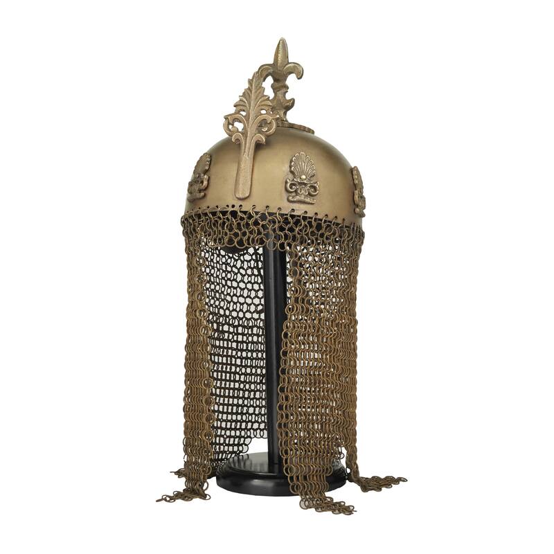Metal Replica Medieval Ottoman Islamic Helmet with Black Wood Stand and Chainmail - Brass - Roche River Decor