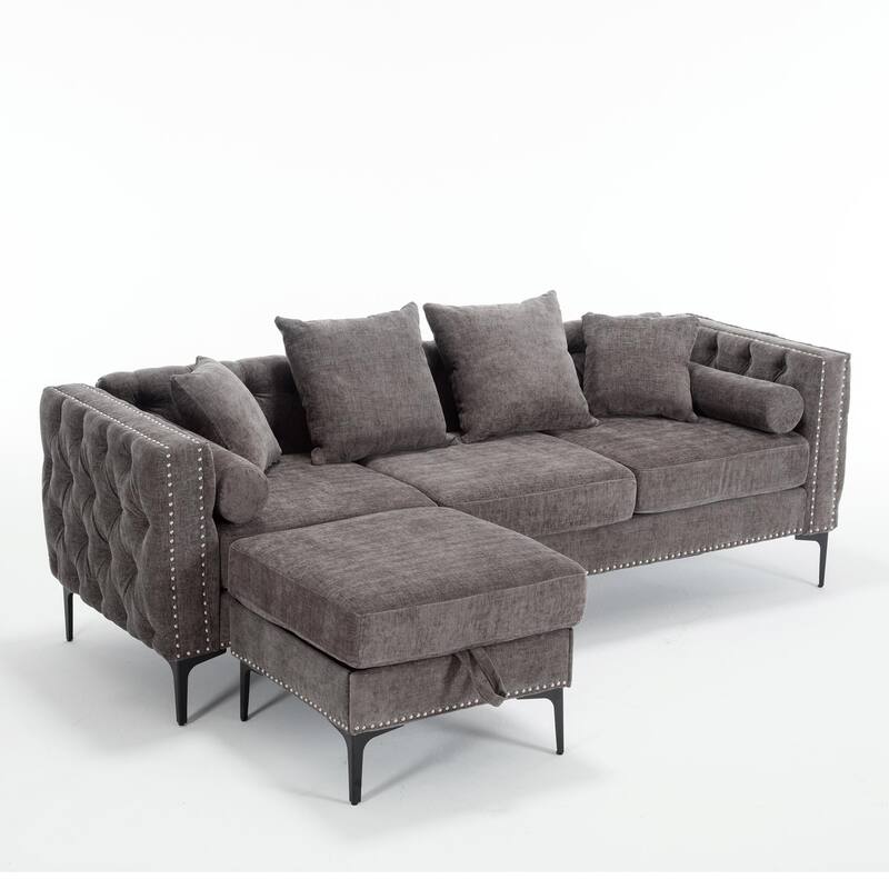 85'' L-Shaped 4 Seater Sectional Sofa with Convertible Storage Ottoman, Pillows, Solid Wood Frame, Modern Tufted Design
