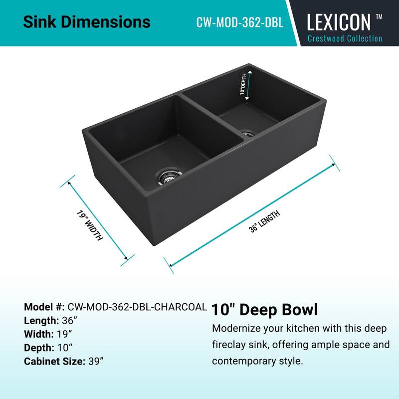 Crestwood 36" Modern Double Bowl Apron Fireclay Sink - Charcoal