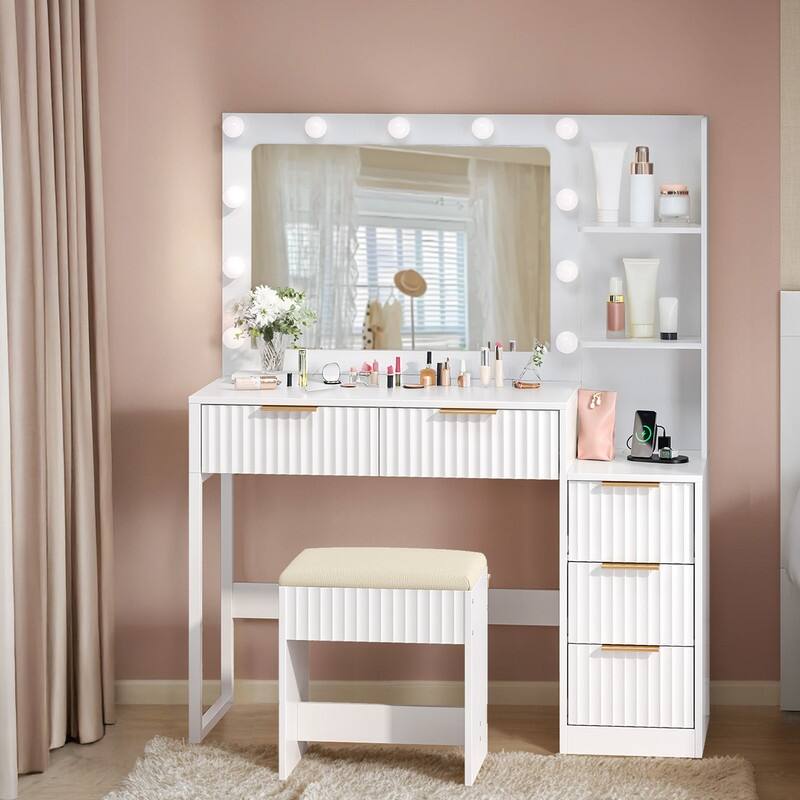 Particle Board Veneered with Textured Melamine, 5-drawer 2-Shelf, comes with 11 Three-color Dimmable Bulbs, Dressing Table Set - White