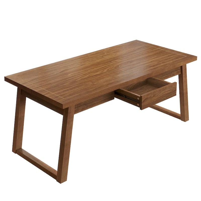 Dining Table with Hidden Drawer, Wood Kitchen Table for 4-6 People, Home Office Table with Wood Legs