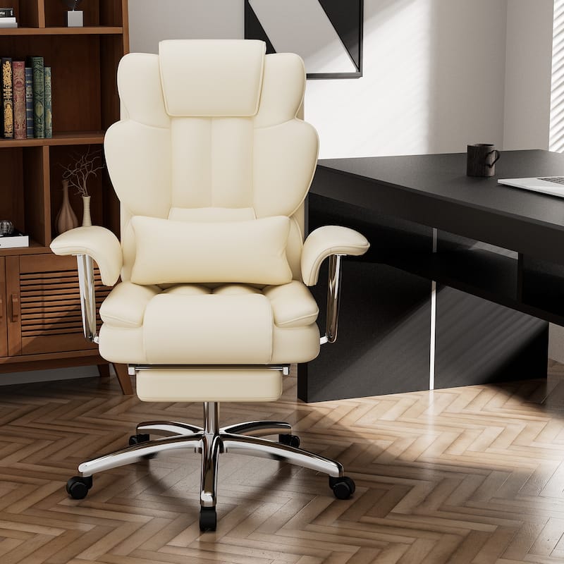 Ergonomic Reclining High Back PU Office Chair with Footrest - Beige