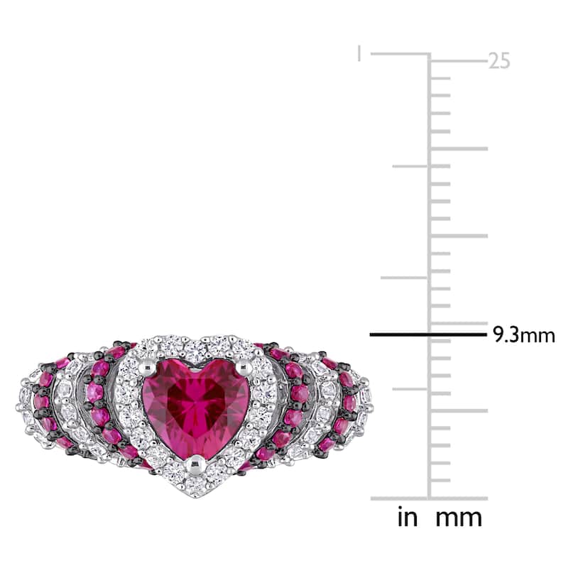 Miadora Sterling Silver Heart Created Ruby and Created White Sapphire Halo Layered Cocktail Ring