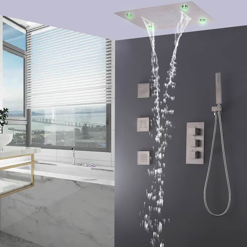 Ceiling LED 4-Way 3-Jet Complete Rain and Waterfall Shower System With Rough-in Valve - brushed nickel
