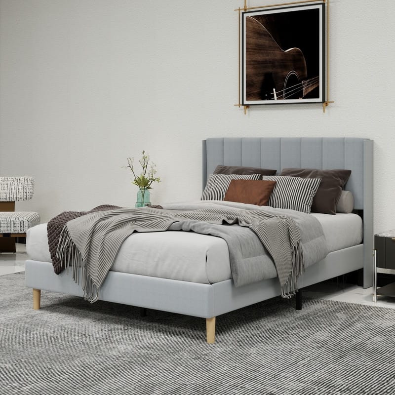 Caxkun Upholstered Platform Bed Frame with Wingback headboard - Grey - Full