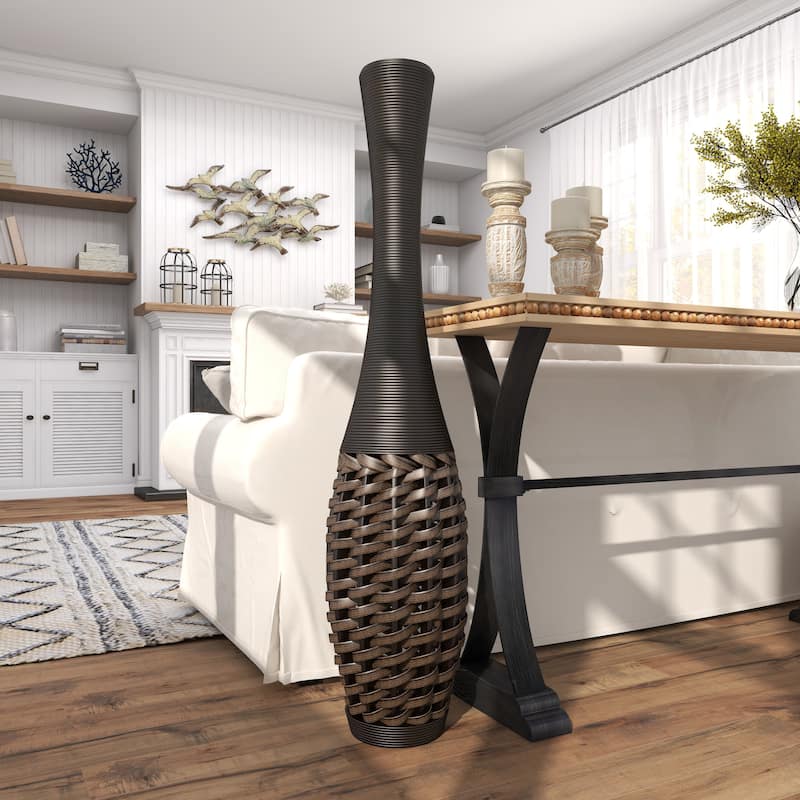Brown Faux Seagrass Tall Woven Floor Decorative Vase with Dark Brown Wrapped Neck