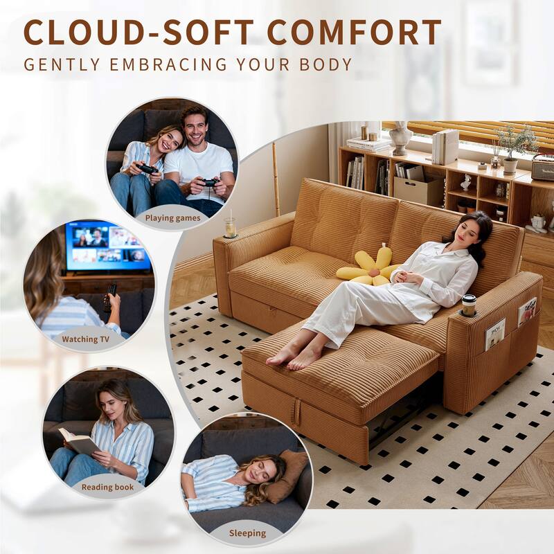 Multi-Functional Corduroy Loveseat Couch Convertible Sleeper Sofa Bed with Cup Holders and Side Pockets for Sitting, Sleeping
