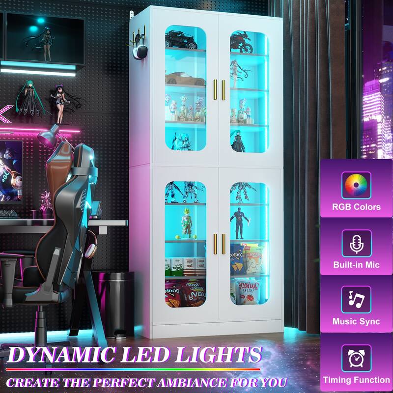 8-Tier Shoe Cabinet with LED Light, 32 Pairs Tall Shoe Storage Organizer with Side Hooks