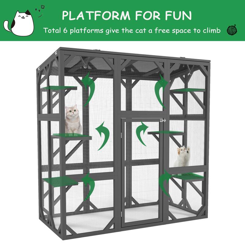 Roomfitters Large Wooden Catio Enclosure, Outdoor Cat House with 6 Platforms, Waterproof Roof, and Large Entry Door, Gray