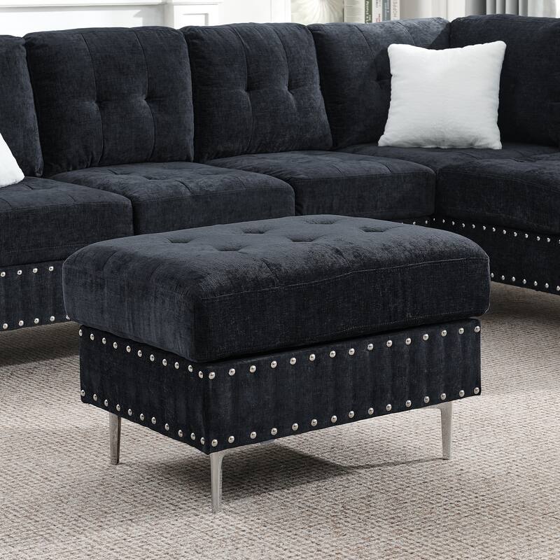Roomfitters Sectional 3-Seater Sofa with Chaise, Storage Ottoman, Metal Legs, Nailhead Trim and Two Pillows