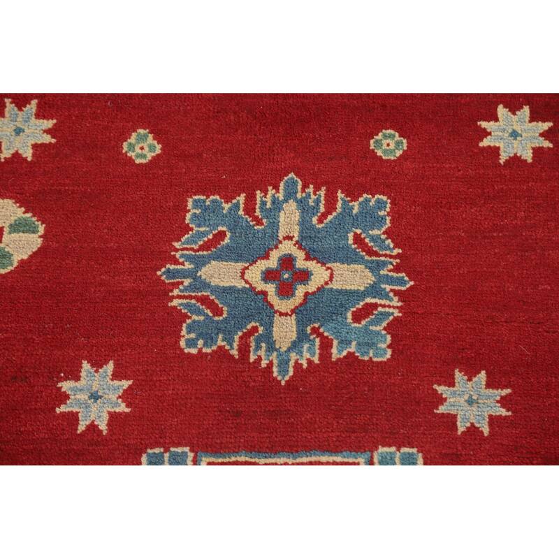 Geometric Red Kazak Area Rug Hand-Knotted Oriental Wool Carpet - 6'8" x 10'2"