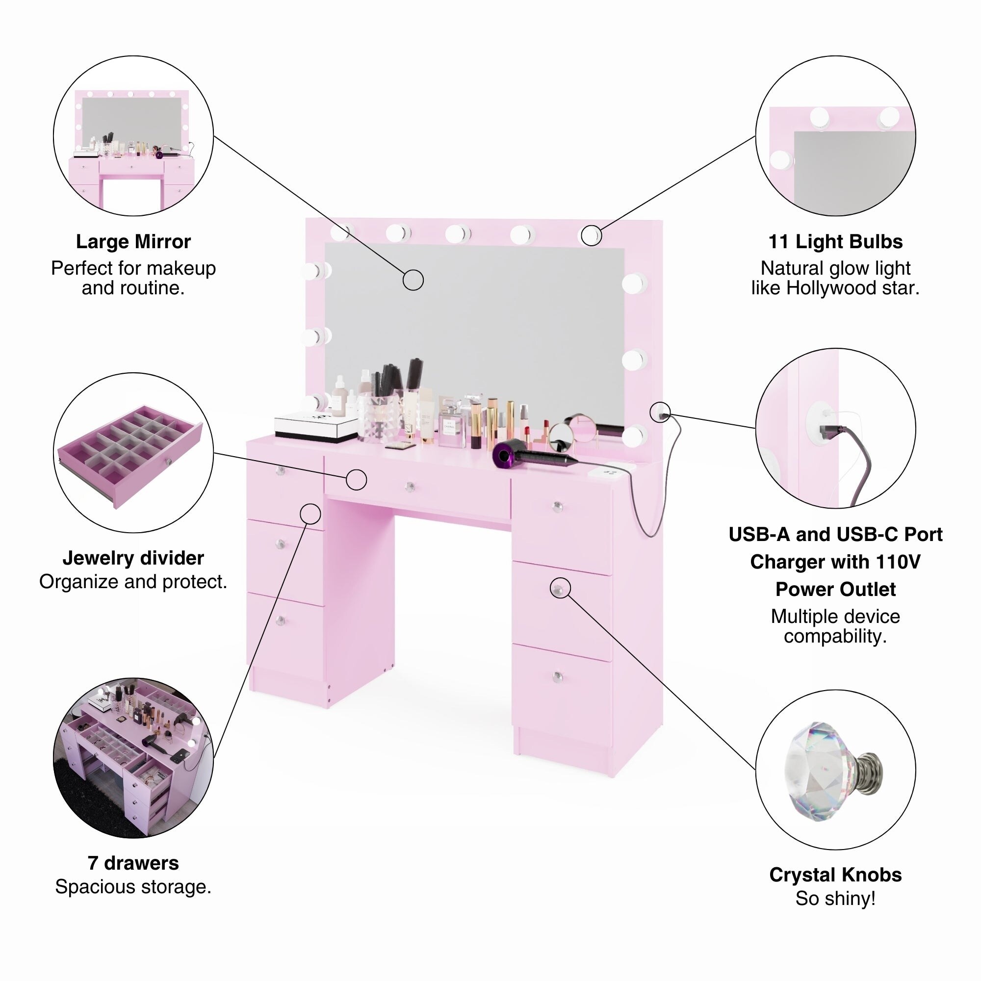 Boahaus Makeup Vanity 7 Drawers Lighted Crystal Knobs USB Port