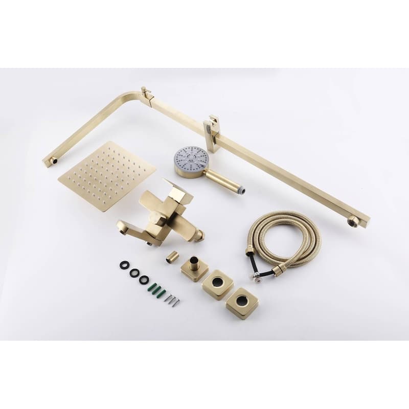 brushed gold wall mounted 3 way exposed shower with tub spout and 8 inch rain head - 7'6" x 10'9"