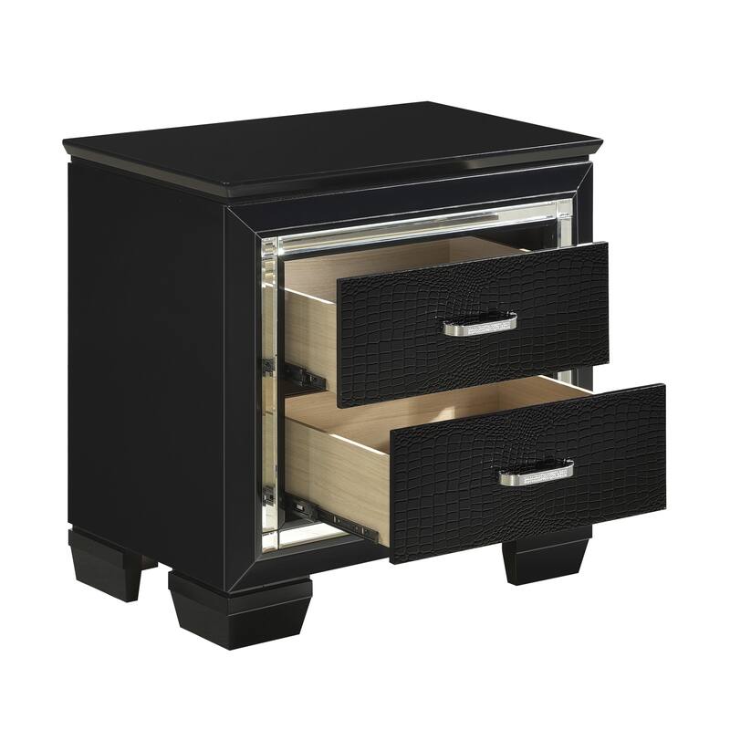 Glamorous Black Nightstand, 2 Dovetail Drawers, Faux Alligator Embossed Front