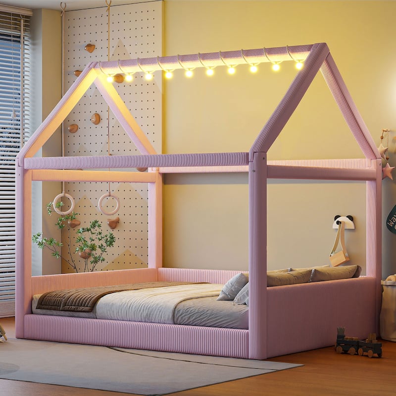 Full Size Upholstered House Bed Frame, Kids Platform Bed with LED Light Strips - Pink