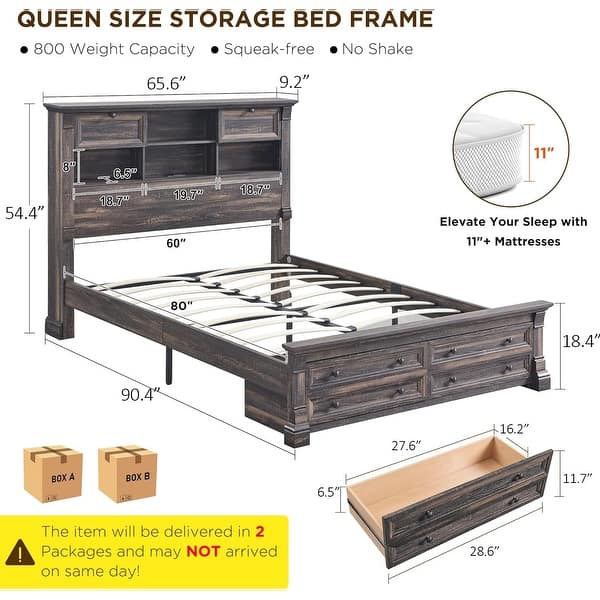 dimension image slide 0 of 10, Farmhouse Bed Frame with 54" Tall Storage Bookcase Headboard