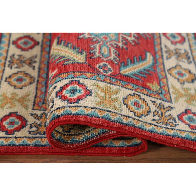 Red Geometric Kazak Oriental Accent Rug Hand-Knotted Wool Carpet - 2'0" x 2'10"