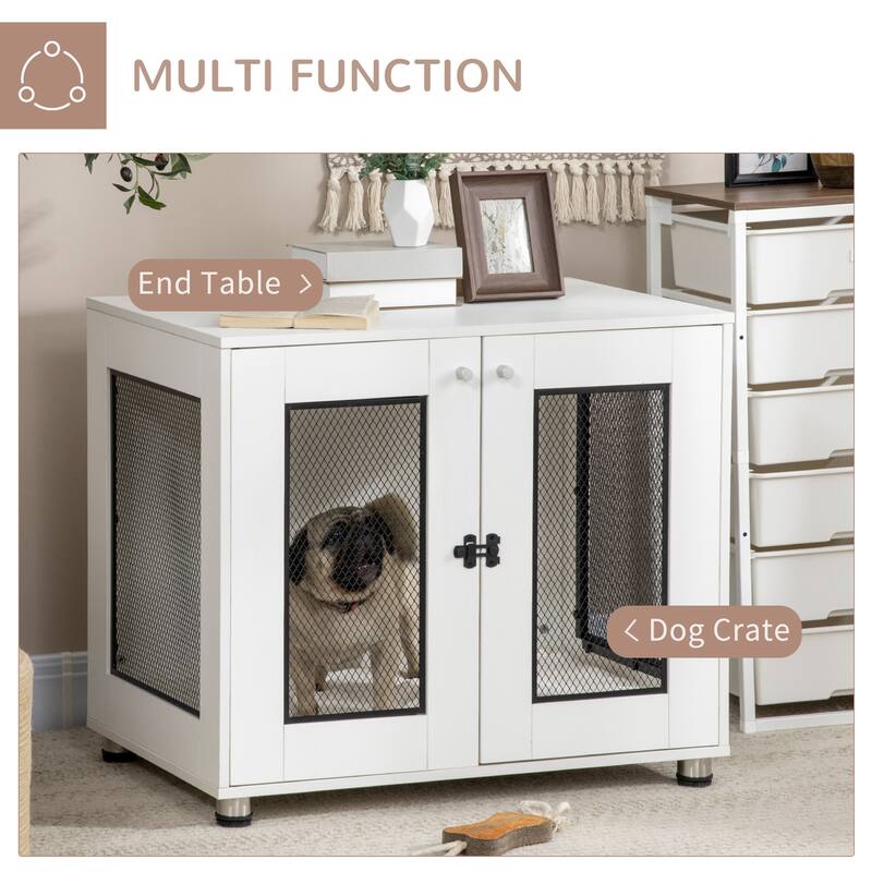 PawHut Dog Crate Furniture with Water-resistant Cushion, Dog Crate End Table with Double Doors