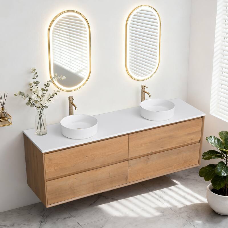 Sylphar 72 inch Toffee Oak Floating Bathroom Vanity with White Quartz Top