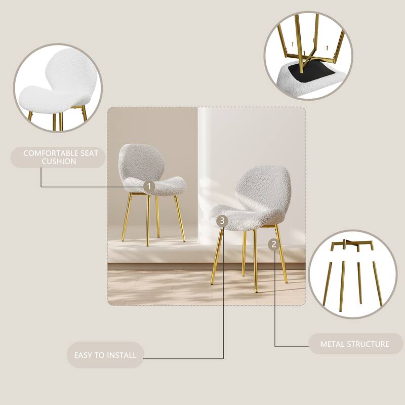 Modern minimalist white teddy velvet Dining Chairs Set of 2 with sturdy gold metal legs and comfortable backrest design,