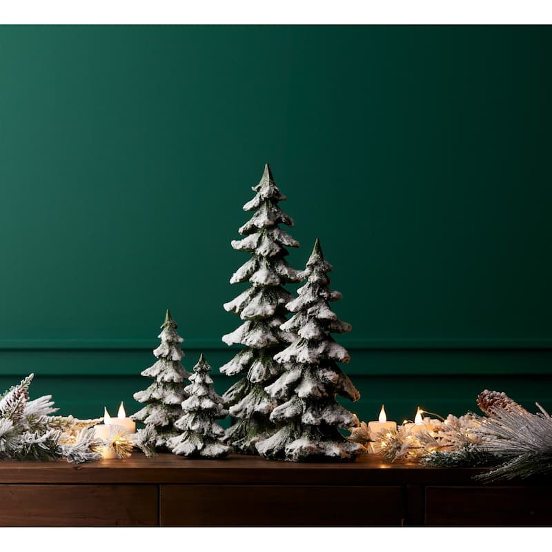 Green Flocked Pine Tree Decor (Set of 4) - N/A