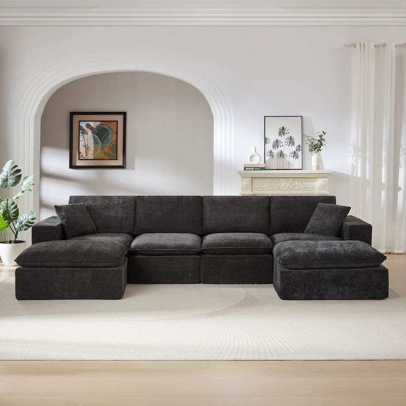 U-Shaped Sectional Sofa with 2 Ottomans, Oversized Chenille Upholstered Cloud Sofa, Deep Seat Sofa with Pillows