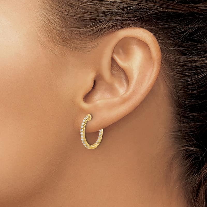Curata 14k Gold Polished Diamond In and Out Hinged Hoop Earrings - 18x18mm Wide 1mm Thick