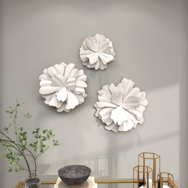 White Metal 3D Floral Home Wall Decor with Gold Edges (Set of 3)
