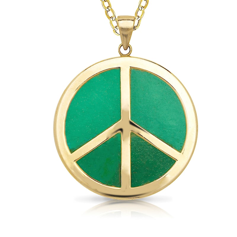 Curata 14k Yellow Gold Green Jade or Black Onyx Peace Sign Necklace (20mm x 28mm)