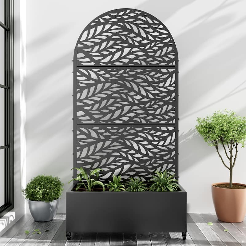 Metal Movable Planter Box with Trellis Privacy Screen Planter Box with Lockable Wheels - Black4