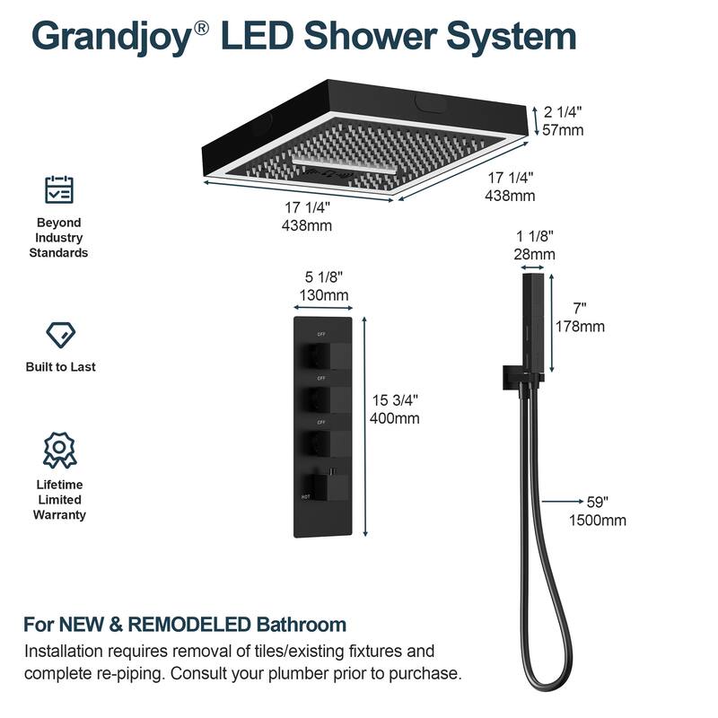 GRANDJOY Thermostatic LED Rain and Waterfall Shower System with Handheld, Built-In Music Function
