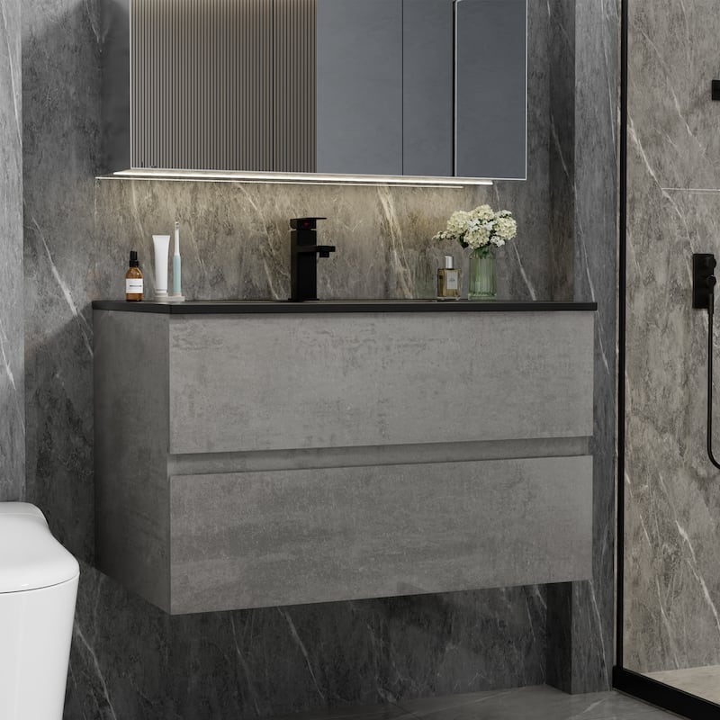 Wall Mounted Bathroom Vanity Sink with Black Sink & Faucet