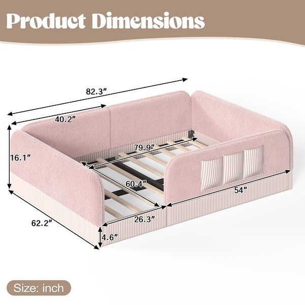 dimension image slide 3 of 9, Twin/Full/Queen Teddy Fleece Floor Bed with Upholstered Safety Rails and Pocket