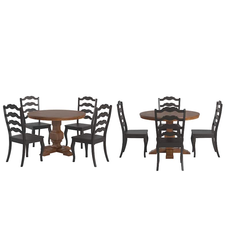 Ronda 45" Round Solid Wood Top Dining Set with French Ladder Back Chairs