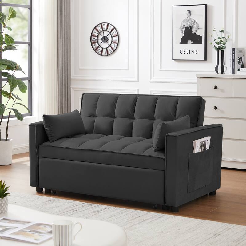 Modern 3 in 1 Convertible Black Velvet Loveseat Futon Sofa Couch w/Pullout Bed - Multi-Color