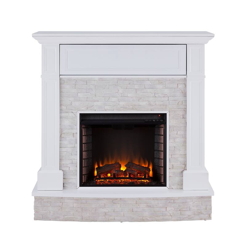 SEI Furniture Ashfield White Faux Stone Electric Fireplace with Storage