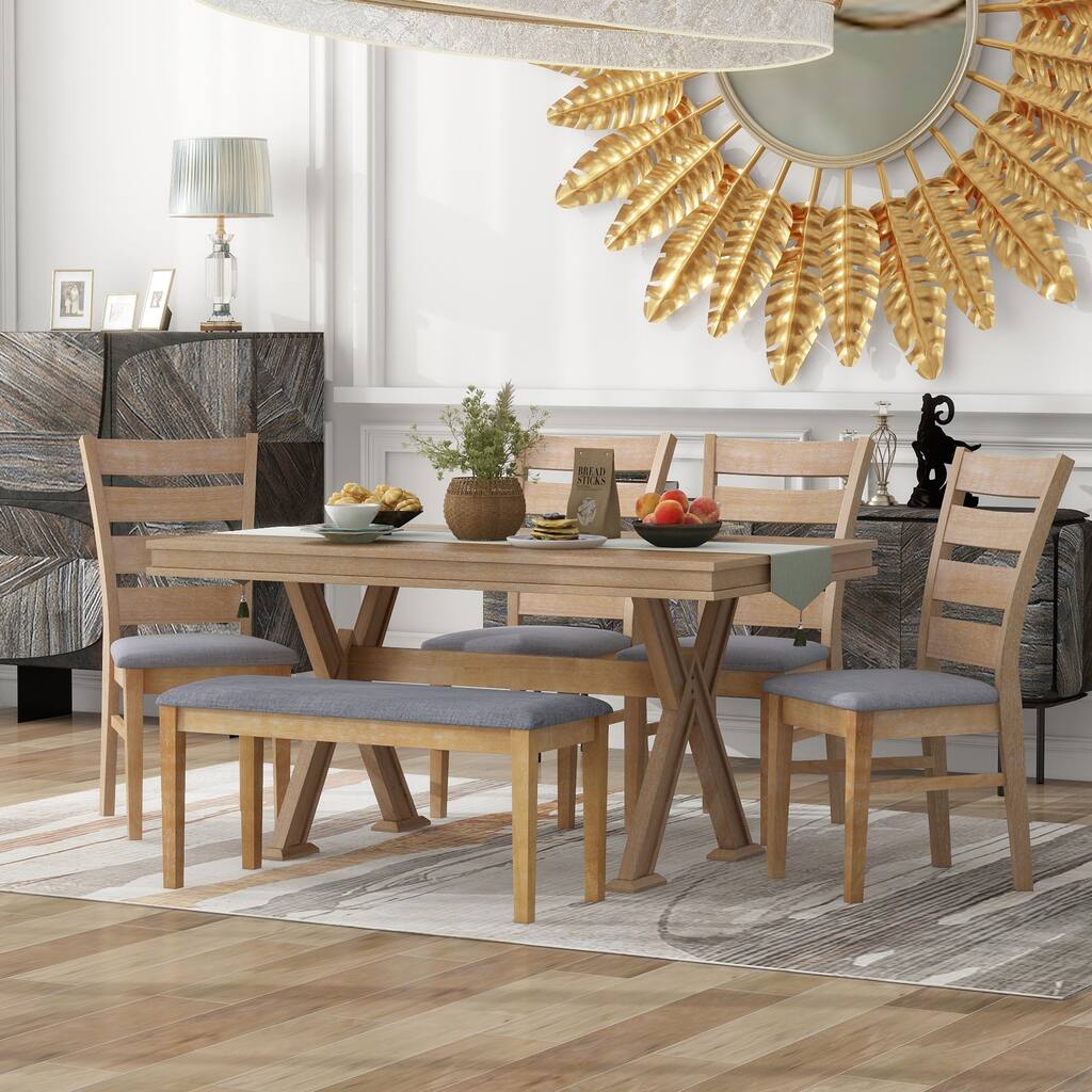 6-Piece Retro 59"L Rectangular Dining Table Set, Table with Unique Legs and 4 Upholstered Chairs & 1 Bench