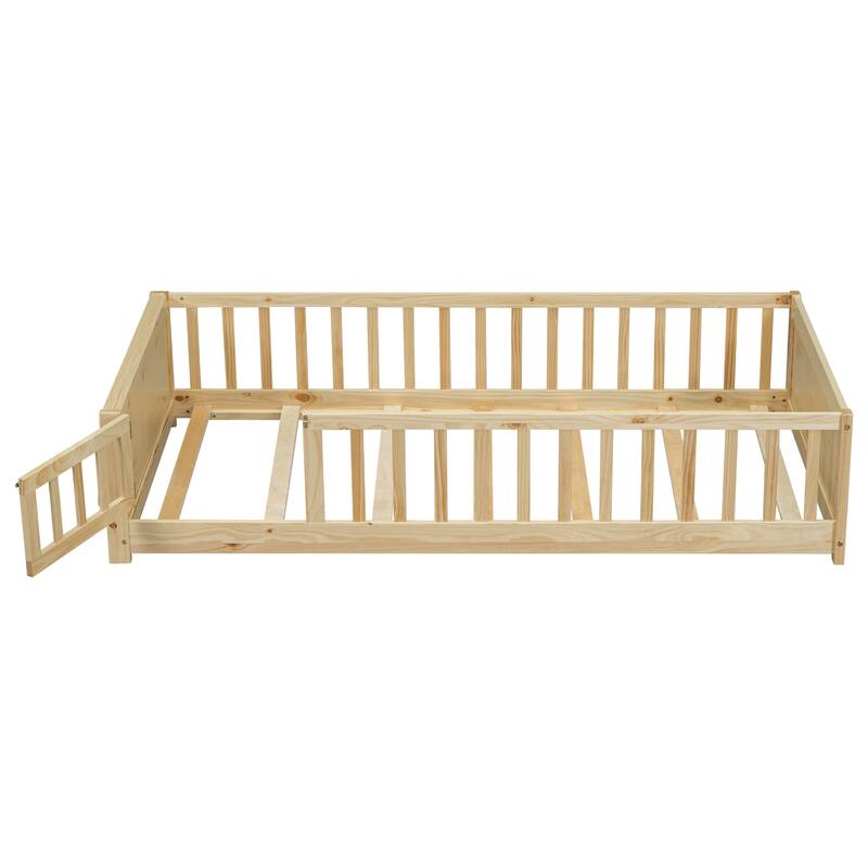 Twin size Floor Platform Bed with Built-in Book Storage Rack, Door